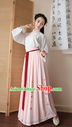 Traditional Chinese Ancient Young Lady Hanfu Costume, Asian China Song Dynasty Princess Embroidered Blouse and Pink Skirts for Women