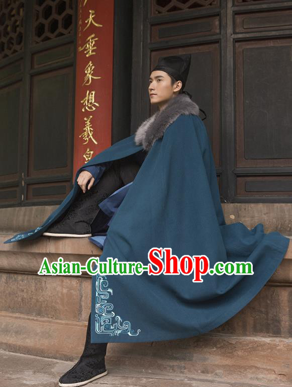 Traditional Chinese Ancient Hanfu Swordsman Costume Hooded Mantle, Asian China Han Dynasty Imperial Bodyguard Embroidered Peacock Blue Cloak for Men