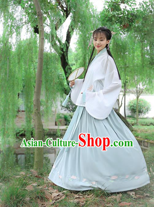 Traditional Chinese Ancient Hanfu Princess Costume White Blouse and Skirts, Asian China Ming Dynasty Palace Lady Embroidered Clothing for Women