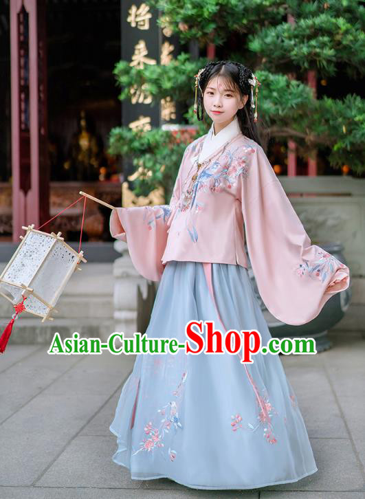 Traditional Chinese Ancient Hanfu Costume Palace Lady Dress, Asian China Ming Dynasty Embroidered Pink Clothing for Women