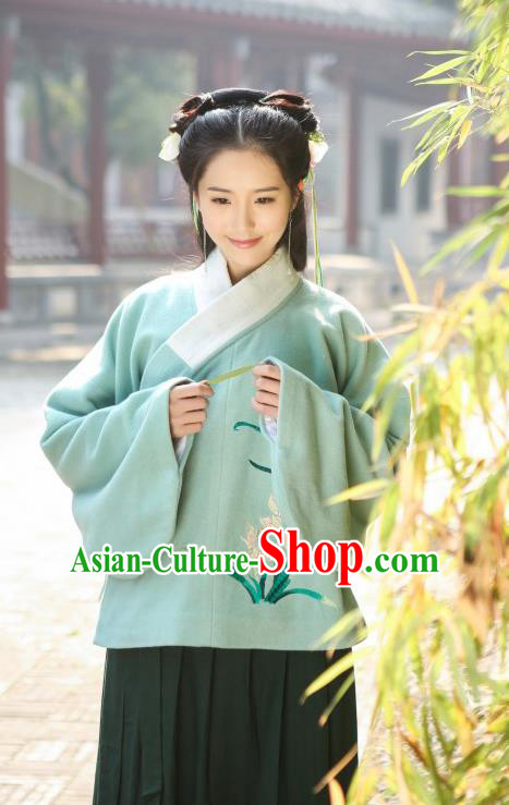 Traditional Chinese Ancient Hanfu Princess Costume Upper Outer Garment, Asian China Ming Dynasty Young Lady Embroidered Orchid Green Blouse for Women