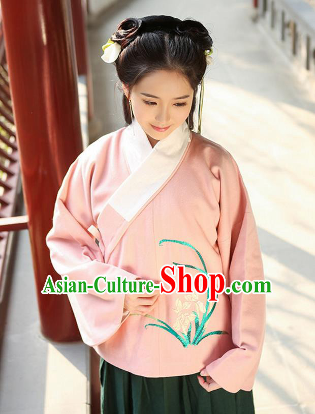Traditional Chinese Ancient Hanfu Princess Costume Upper Outer Garment, Asian China Ming Dynasty Young Lady Embroidered Orchid Pink Blouse for Women