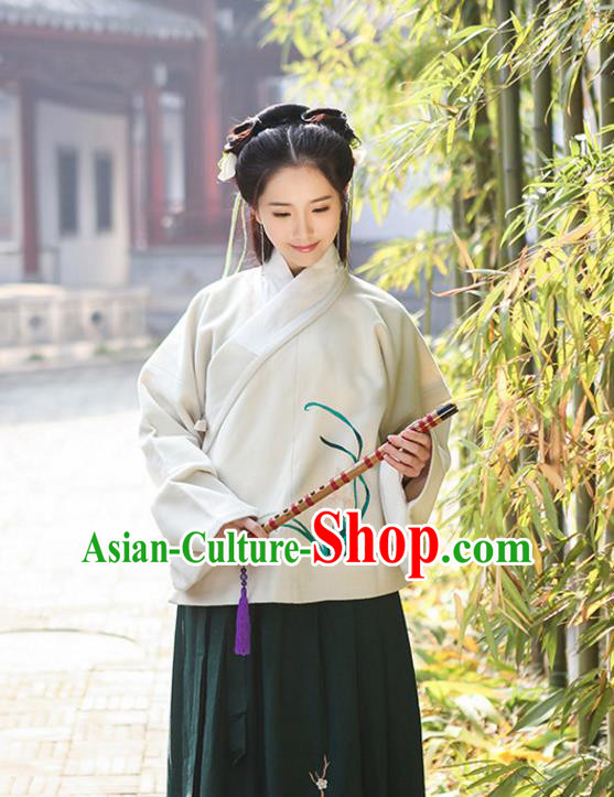 Traditional Chinese Ancient Hanfu Princess Costume Upper Outer Garment, Asian China Ming Dynasty Young Lady Embroidered Orchid White Blouse for Women