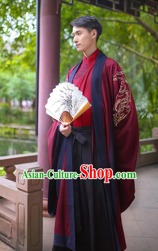 Traditional Chinese Ancient Imperial Bodyguard Costume, Asian China Han Dynasty Swordsman Red Embroidered Cloak for Men