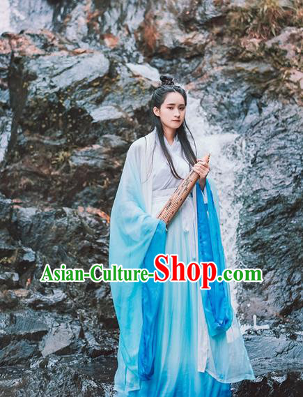 Traditional Chinese Ancient Palace Lady Costume, Asian China Jin Dynasty Princess Blue Dress for Women