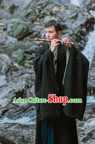 Traditional Chinese Ancient Costume Black Cloak, Asian China Ming Dynasty Swordsman Wide Sleeve Clothing for Men