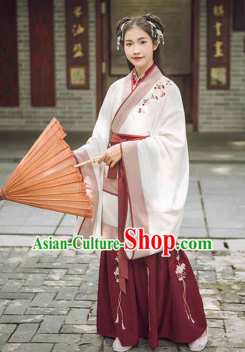 Traditional Chinese Ancient Hanfu Princess Costume White Curve Bottom, Asian China Han Dynasty Palace Lady Embroidered Ginkgo Dress for Women