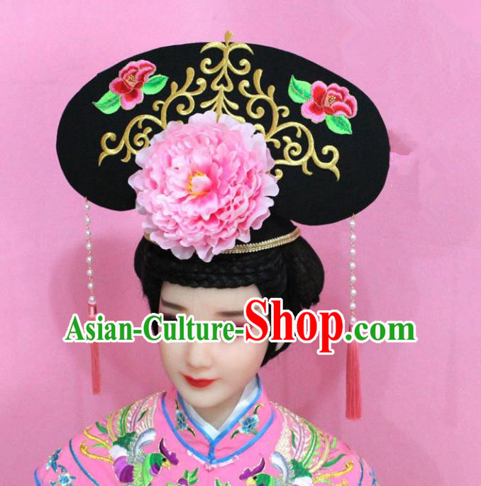 Traditional Handmade Chinese Hair Accessories Qing Dynasty Palace Lady Pink Peony Headwear, Manchu Imperial Concubine Hairpins for Women
