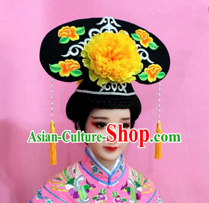 Traditional Handmade Chinese Hair Accessories Qing Dynasty Palace Lady Yellow Peony Headwear, Manchu Imperial Concubine Hairpins for Women
