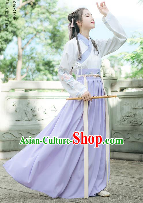 Traditional Chinese Ancient Hanfu Swordswoman Costume, Asian China Han Dynasty Young Lady Embroidery Clothing Complete Set