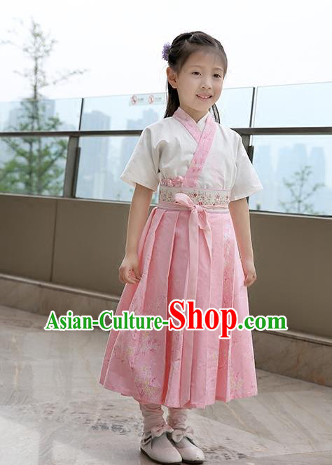 Asian China Tang Dynasty Hanfu Costume, Traditional Chinese Princess Pink Dress Clothing for Kids
