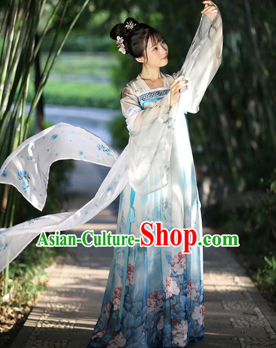 Asian China Ancient Tang Dynasty Palace Lady Costume, Traditional Chinese Princess Printing Clothing for Women