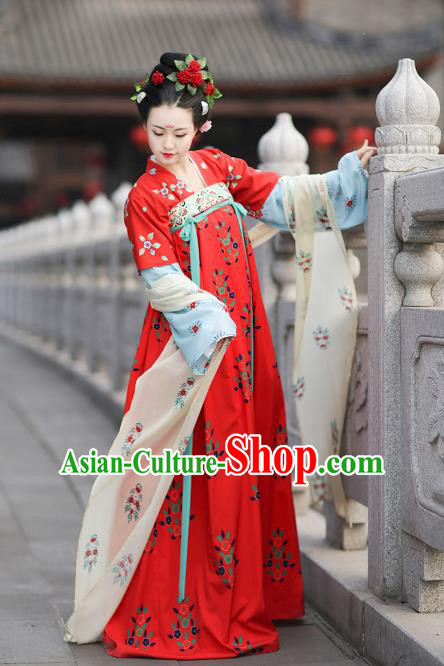 Traditional Chinese Ancient Hanfu Costume Complete Set, Asian China Tang Dynasty Princess Embroidered Clothing for Women