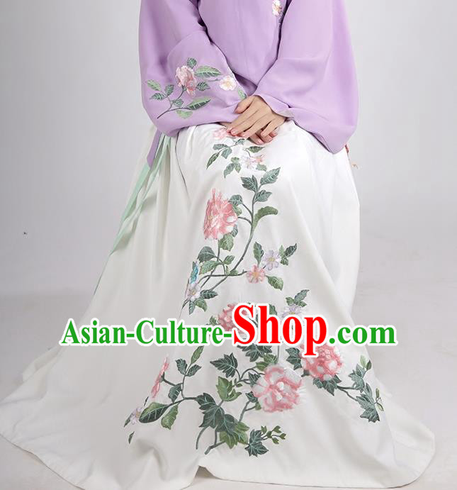 Asian Chinese Ming Dynasty Princess Costume Embroidery Peony White Skirts, Ancient China Palace Lady Embroidered Dress for Women