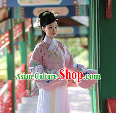 Asian Chinese Ming Dynasty Hanfu Embroidered Pink Blouse Costume, Traditional China Ancient Princess Clothing for Women