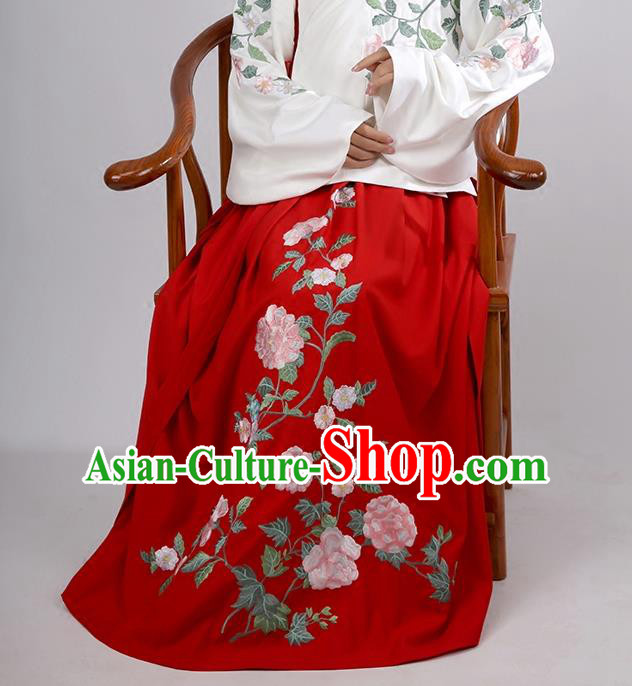 Asian Chinese Ming Dynasty Costume Hanfu Embroidery Red Skirt, Traditional China Ancient Embroidered Dress Clothing for Women