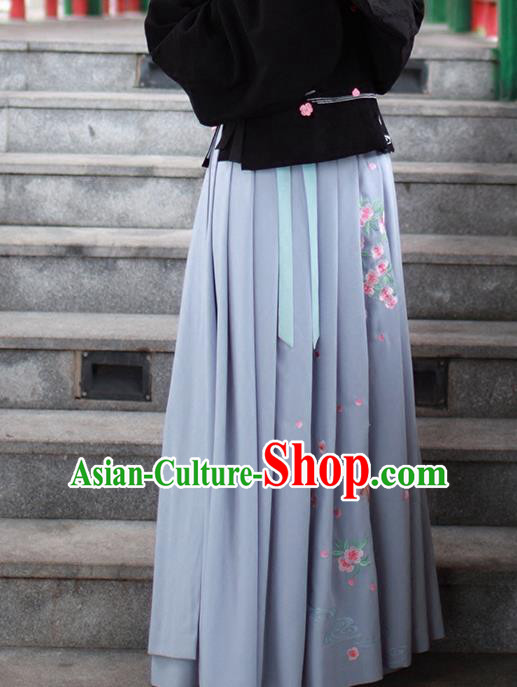 Asian Chinese Song Dynasty Young Lady Costume Hanfu Embroidered Peach Blossom Grey Skirt, Traditional China Ancient Princess Dress for Women