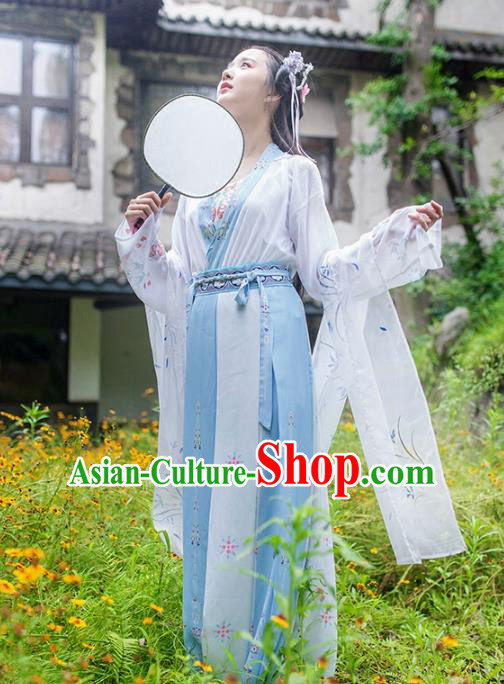 Asian Chinese Tang Dynasty Imperial Princess Costume, Ancient China Palace Lady Printing Blue Dress Clothing