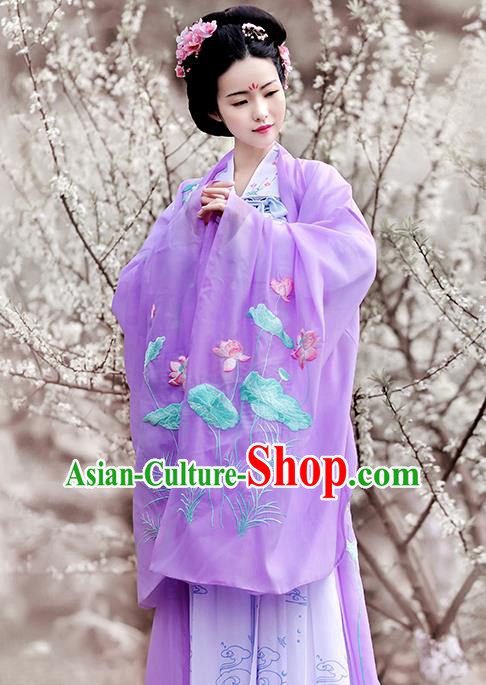 Asian Chinese Tang Dynasty Princess Costume Embroidery Lotus Wide Sleeve Cloak, Ancient China Palace Lady Embroidered Purple Cardigan for Women