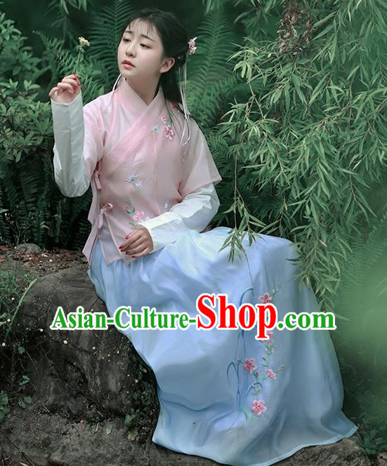 Asian Chinese Song Dynasty Young Lady Costume Complete Set, Ancient China Princess Embroidered Half-Sleeves Slip Skirt Clothing for Women