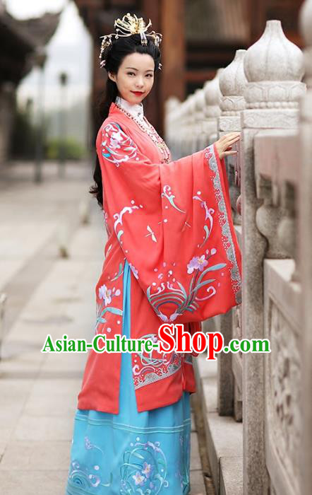Asian Chinese Song Dynasty Young Lady Costume Red Cloak, Ancient China Princess Embroidered BeiZi Clothing for Women