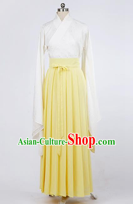 Asian Chinese Ming Dynasty Young Lady Costume, Ancient China Princess Silk Yellow Skirt Clothing for Women