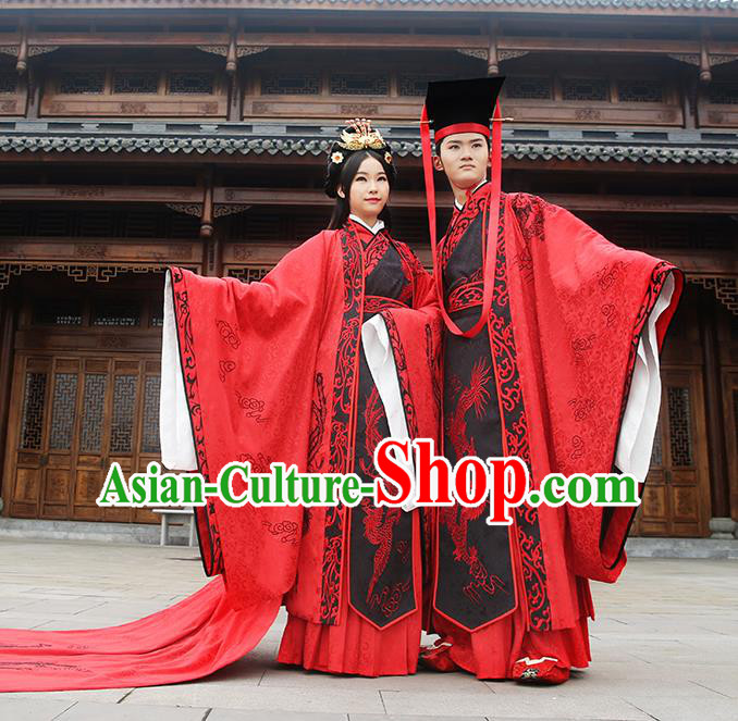 Asian Chinese Zhou Dynasty Wedding Costume Complete Set, Ancient China Bride and Bridegroom Embroidered Red Clothing for Women for Men