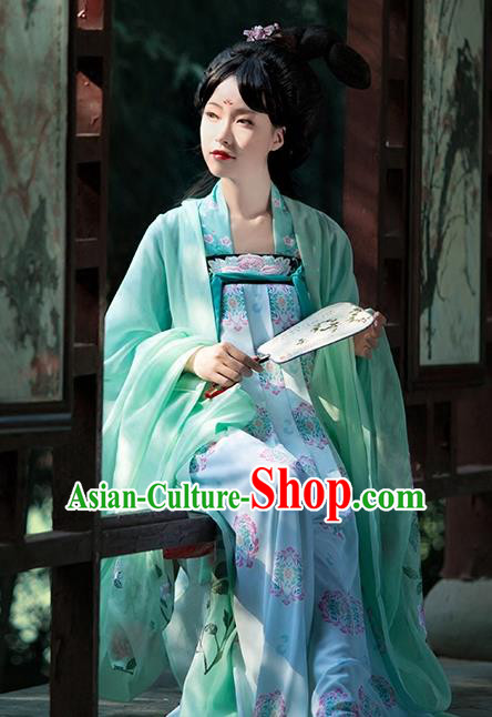 Asian Chinese Tang Dynasty Princess Embroidery Costume Green Cloak, Ancient China Palace Lady Embroidered Wide Sleeve Cardigan for Women