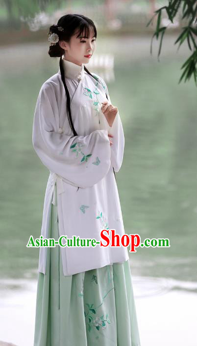 Asian Chinese Ming Dynasty Young Lady Costume Complete Set, Ancient China Princess Embroidered Pear Flower Hanfu Clothing for Women