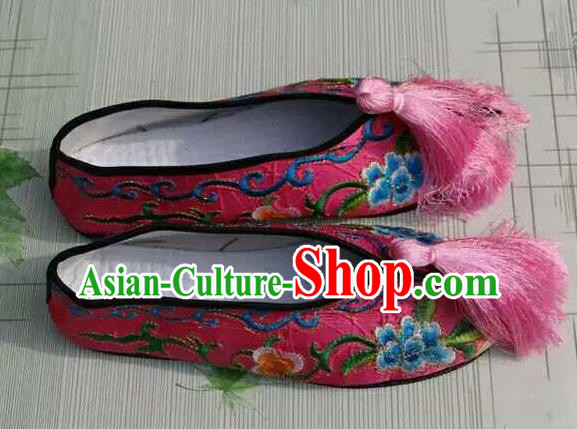 Traditional Chinese Peking Opera Diva Embroidered Shoes, China Ancient Beijing Opera Hua Tan Pink Blood Stained Shoes for Women