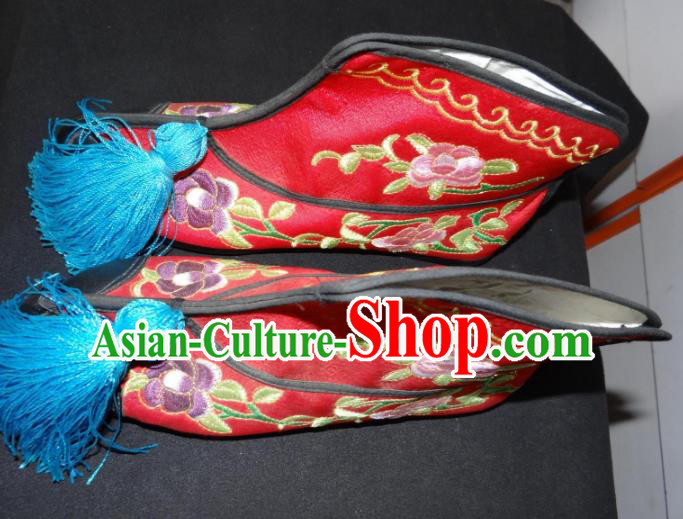 Traditional Chinese Peking Opera Swordplay Embroidered Shoes Quick Boots, China Ancient Beijing Opera Blues Red Blood Stained Shoes for Women