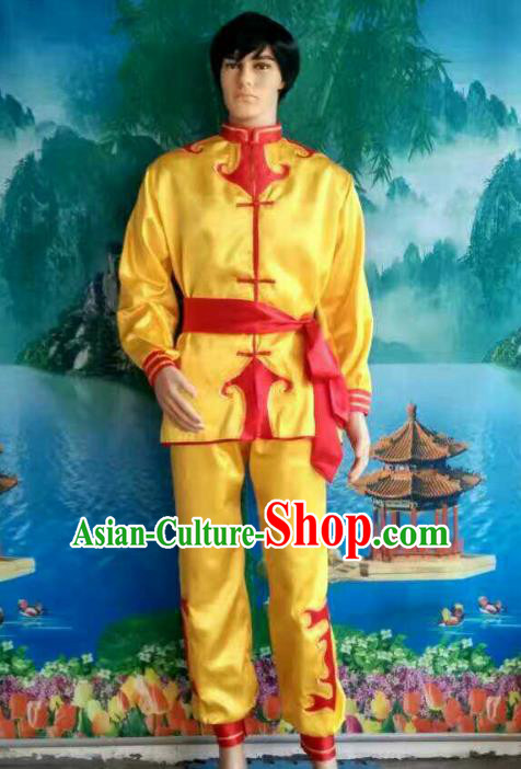 Traditional Chinese Classical Dance Yangge Fan Dance Costume, Folk Dance Drum Dance Lion Dance Yellow Clothing for Men