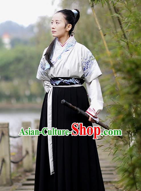 Asian Chinese Han Dynasty Swordswoman Costume, Ancient China Young Lady Embroidered Hanfu Clothing for Women