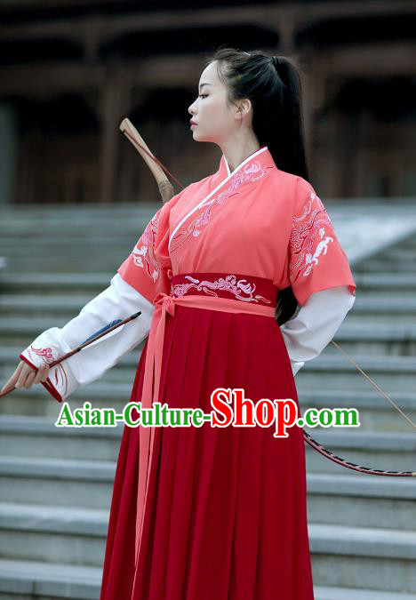 Asian Chinese Han Dynasty Swordswoman Red Costume, Ancient China Young Lady Embroidered Hanfu Clothing for Women