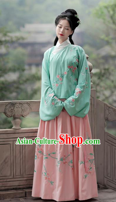 Asian Chinese Ming Dynasty Young Lady Costume Green Blouse, Ancient China Princess Embroidered Hanfu Clothing for Women