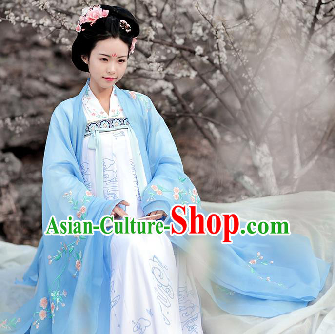 Asian Chinese Tang Dynasty Palace Lady Embroidered Wide Sleeve Cardigan, Ancient China Princess Hanfu Blue Cloak Clothing for Women