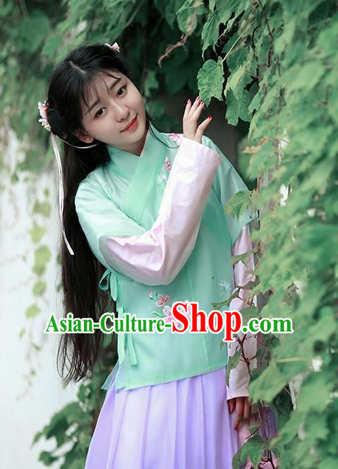 Asian Chinese Song Dynasty Young Lady Embroidered Costume Complete Set, Ancient China Princess Half-Sleeves Blouse and Skirt Clothing for Women