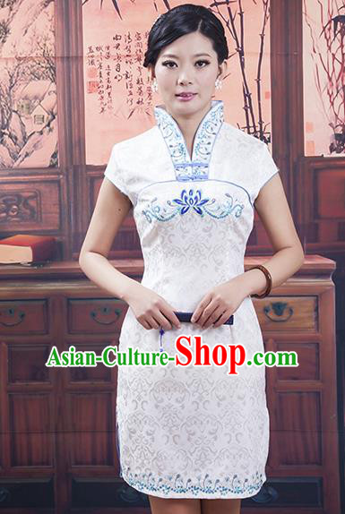 Traditional Ancient Chinese Republic of China Blue and White Porcelain Short Cheongsam, Asian Chinese Chirpaur Qipao Dress Clothing for Women