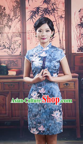 Traditional Ancient Chinese Republic of China Young Lady Blue Silk Short Cheongsam, Asian Chinese Chirpaur Qipao Dress Clothing for Women