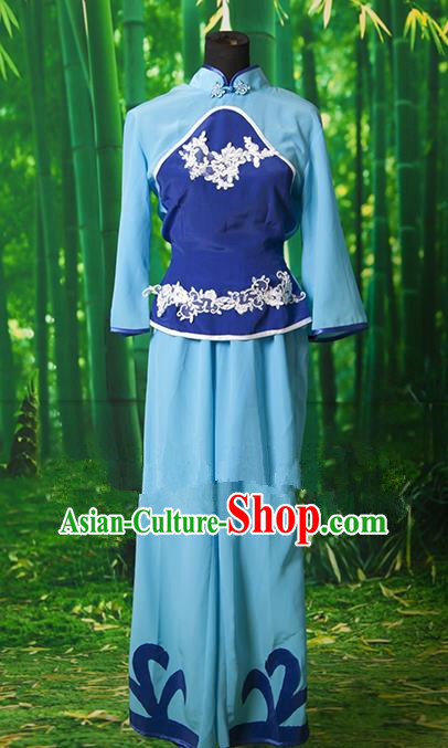 Traditional Chinese Yangge Fan Dancing Costume, Folk Dance Yangko Blue Clothing for Women