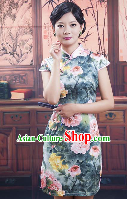 Traditional Ancient Chinese Republic of China Cheongsam Costume, Asian Chinese Printing Peony Silk Chirpaur Dress Clothing for Women