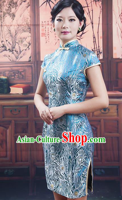 Traditional Ancient Chinese Republic of China Cheongsam Costume, Asian Chinese Printing Blue Silk Chirpaur Dress Clothing for Women