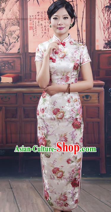 Traditional Ancient Chinese Republic of China Long Cheongsam Costume, Asian Chinese Printing Silk Chirpaur Dress Clothing for Women