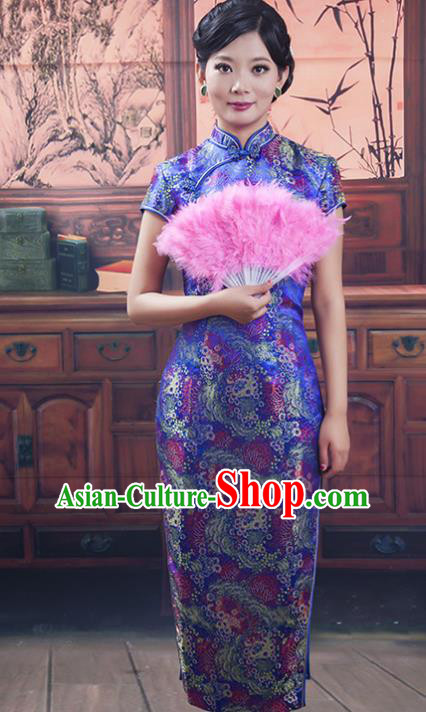 Traditional Ancient Chinese Republic of China Long Purple Cheongsam Costume, Asian Chinese Printing Silk Chirpaur Dress Clothing for Women