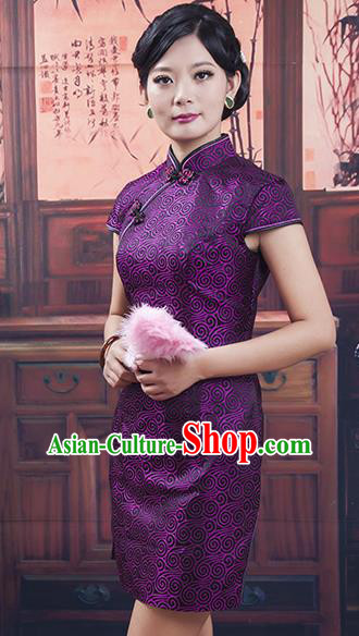 Traditional Ancient Chinese Republic of China Short Purple Cheongsam Costume, Asian Chinese Printing Silk Chirpaur Dress Clothing for Women