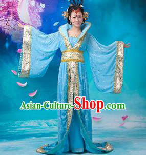 Asian China Ancient Tang Dynasty Imperial Concubine Costume, Traditional Chinese Hanfu Embroidered Blue Dress Clothing for Women