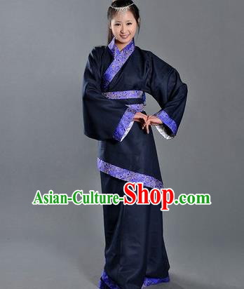 Asian China Ancient Han Dynasty Palace Lady Costume, Traditional Chinese Hanfu Embroidered Navy Curve Bottom Clothing for Women