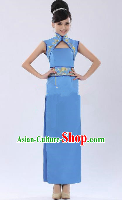 Traditional Ancient Chinese Republic of China Cheongsam Costume, Asian Chinese Embroidered Blue Chirpaur Clothing for Women