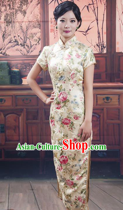 Traditional Ancient Chinese Republic of China Cheongsam Costume, Asian Chinese Embroidered Long Silk Chirpaur Clothing for Women