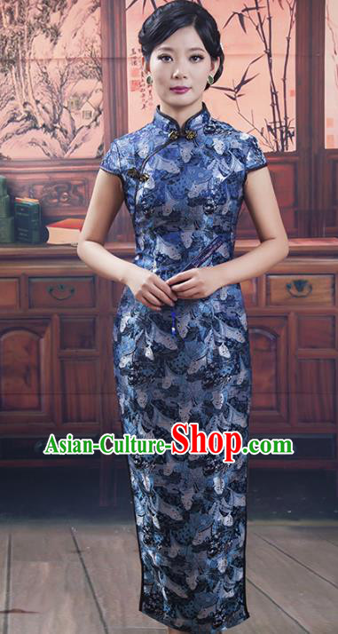Traditional Ancient Chinese Republic of China Blue Silk Short Cheongsam, Asian Chinese Chirpaur Printing Qipao Dress Clothing for Women